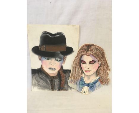 WATERCOLOUR PORTRAIT OF GARY NUMAN, TOGETHER WITH A CRAYON AND WATERCOLOUR PORTRAIT OF A WOMAN, 14” X 10”