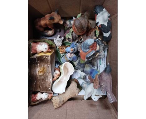 CARTON WITH MISC CERAMIC BIRDS, ANIMALS &amp; AN EASTGATE POSY HOLDER