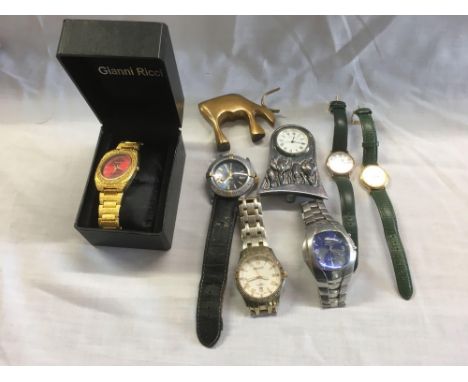 TUB OF MISC LADIES &amp; GENTS WATCHES INCL; GIANNI RICCI, BRASS PAPERWEIGHT &amp; A SMALL METAL DESK CLOCK