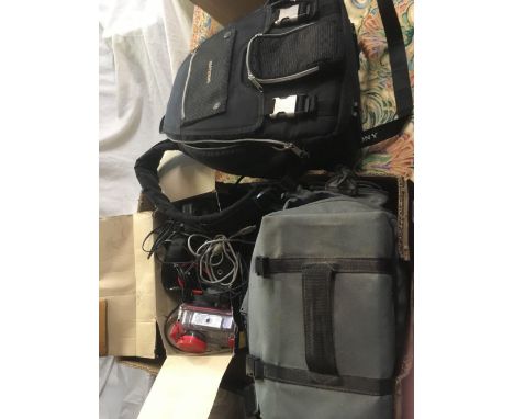 CARTON OF CAMERA EQUIPMENT INCL; LENSES, FLASHES, NIKON D40 CAMERA, BAGS &amp; OTHER CABLES