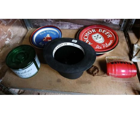SHELF WITH BREWERIANA INCL; METAL SERVING TRAYS &amp; A MOET &amp; CHANDON TOP HAT PLASTIC ICE BUCKET