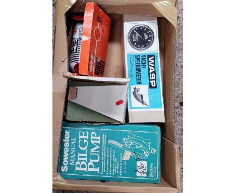 2 CARTONS OF MISC BOATING ITEMS INCL; BILGE PUMP, YACHT SPEEDOMETER, MARINE COMPASS, FOG HORN, METAL PEDESTAL MOUNTS &amp; 2 