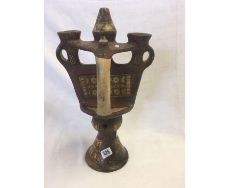 MIDDLE EASTERN EARTHENWARE OIL LAMP WITH HANDLE, SOME DAMAGE