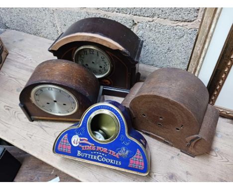 CARTON WITH 3 WOOD CASES CLOCKS IN A/F CONDITION &amp; 1 OTHER TIN BISCUIT CLOCK
