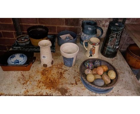 SHELF WITH VASES, JUGS &amp; STONE EGGS