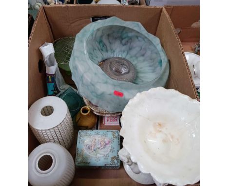 2 CARTONS OF MISC CHINAWARE INCL; GLASS LAMP SHADE, JUGS &amp; CHINAWARE