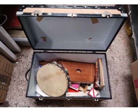 TRUNK WITH TAMBOURINE, VARIOUS FLUTES &amp; RECORDERS, SHEET MUSIC, MUSIC STAND &amp; ROSIN WAX
