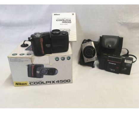CARTON WITH A NIKON COOL PIX 4500 DIGITAL CAMERA, A CANNON IXUSZ 70 &amp; AN OLYMPUS AFL-T CAMERA