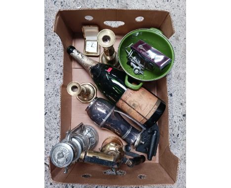 CARTON WITH BRASS BLOW LAMP, STORM LANTERN, EMPTY CHAMPAGNE BOTTLE, BRASS CANDLESTICKS&amp; OTHER METAL WARE