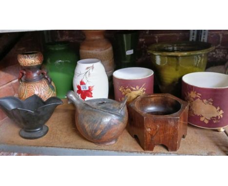 SHELF WITH MISC JARDINIERE'S VASES &amp; WOODEN POT HOLDER