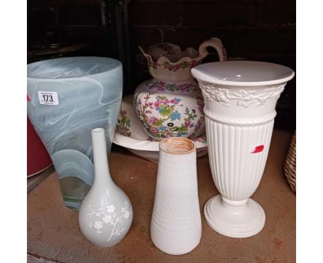 VARIOUS VASES &amp; A WASH BASIN &amp; JUG SET