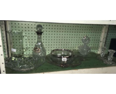SHELF OF GLASSWARE, DECANTER &amp; STOPPER, GLASS BOWLS, CANDLE HOLDERS ETC