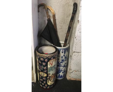 2 ORIENTAL STICK STANDS WITH 2 WALKING STICKS &amp; UMBRELLA