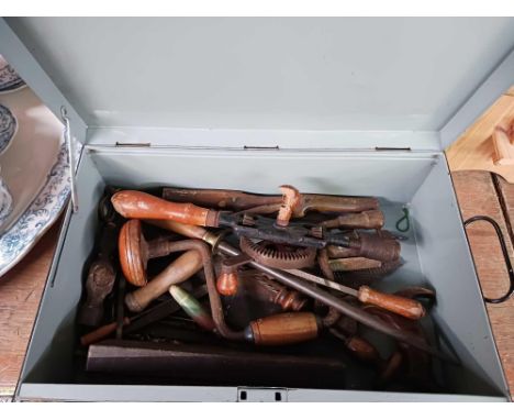 BLACK METAL DOCUMENT BOX WITH MISC HAND TOOLS