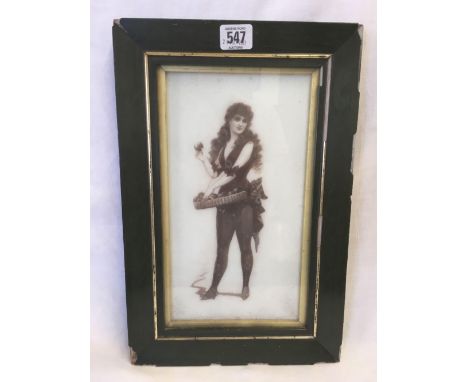 ANTIQUE PORTRAIT OF A LADY SELLING APPLES FROM A TRAY ON MILK GLASS, 15” X 10”