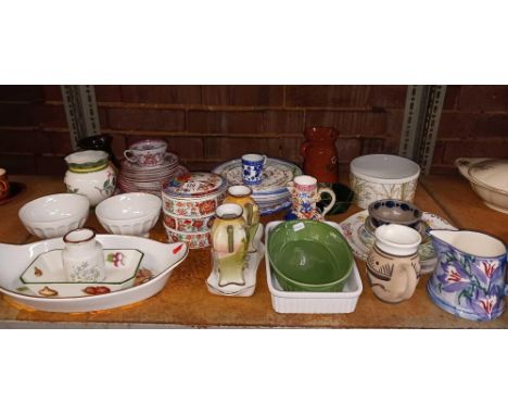 SHELF OF MISC CHINAWARE INCL; CUPS &amp; SAUCERS, BOWLS, SMALL VASES &amp; JUGS
