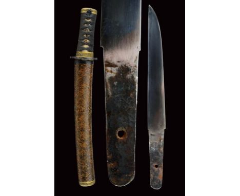 dating: Period (1603-1867) provenance: Japan, Solid blade, probably a reduced ko wakizashi (nagasa 19.7 cm). With hamon and h