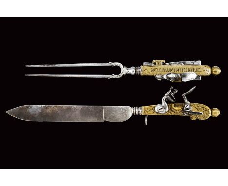 dating: 20th Century provenance: Germany, 18th Century style; fork and knife with iron blade and prong, gilt brass grips engr