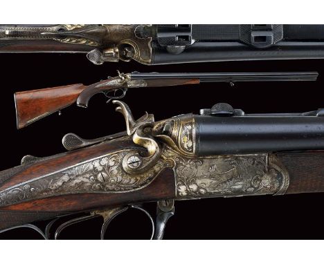 dating: 1875-1890 provenance: Germany, Swivelling block of three barrels. Two smooth, 16 gauge barrels and one rifled, 9 mm c