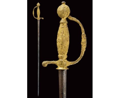 dating: 18th Century provenance: France, Straight blade of hexagonal section, engraved at the first part and partially gilded