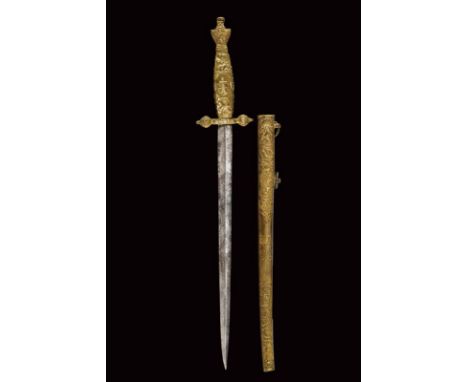 dating: 19th Century provenance: Europe, Straight, double-edged blade of lozenge section. Brass hilt decorated with embossed 