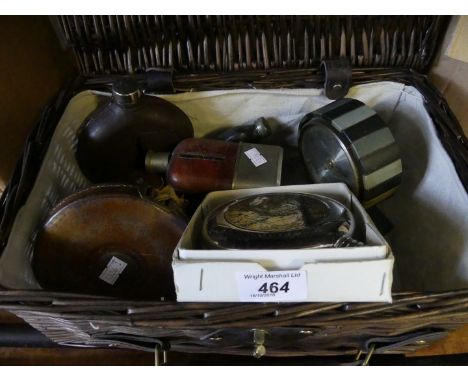 A mixed lot containing various hip flasks, Mercedes desk clock, vintage camera etc. 