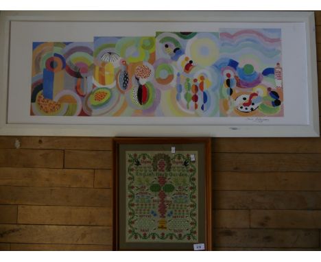 A framed sampler, titled English Herb Garden, undated together with a further large print after Sonia Delaney. 