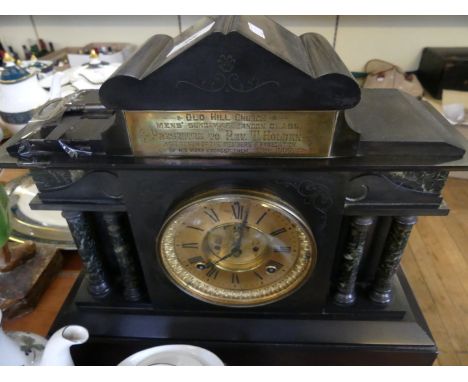 A Victorian mantel clock in black slate and marble architectural case, bearing presentation plaque for Old Hill Church 