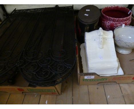 A mixed lot of fire tools, spark guard, cheese dish, jardiniere, sugar basin and an Edmundsons toffee tin 