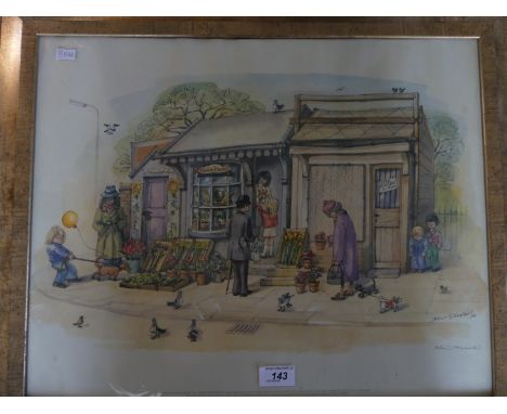 Albin Trowski - Signed coloured print 'The Flower Shop', framed and glazed 