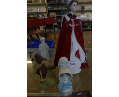 A mixed lot comprising Royal Worcester model in celebration of the Queens 80th Birthday, two Royal Worcester candle snuffers 