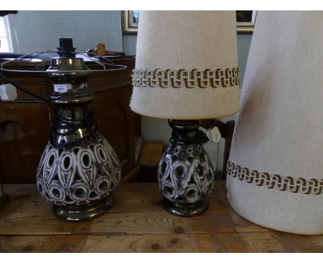 Two vintage West German fat lava type table lamps with original fabric shades 