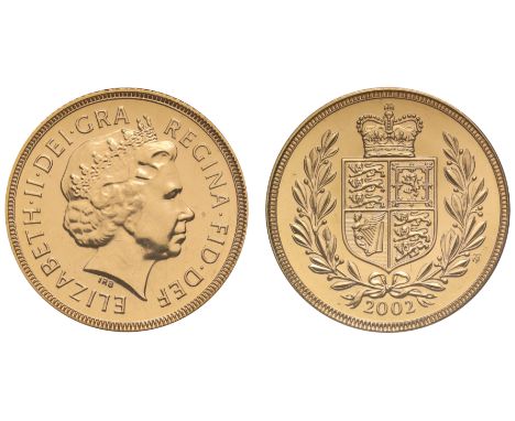 g Elizabeth II (1952-2022), gold Sovereign, 2002, crowned head right, IRB initials below for designer Ian Rank-Broadley, Lati