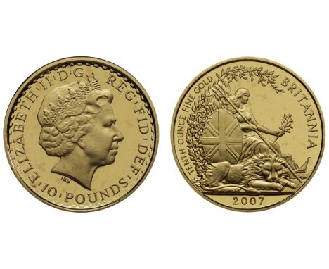 g Elizabeth II (1952-2022), gold proof Tenth Ounce of Ten Pounds Britannia, 2007, struck in 916.7 gold, crowned head right, I