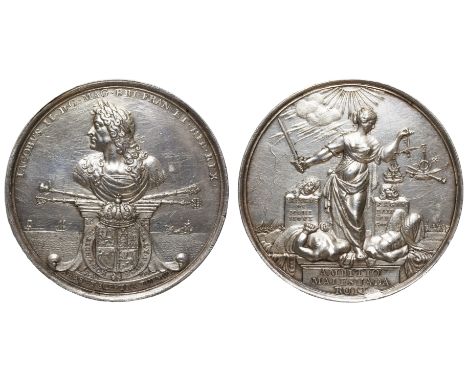Dukes of Monmouth and Argyle Beheaded, 1685, silver medal by Regnier Arondeaux, bust of James II, as a Roman general, with fo