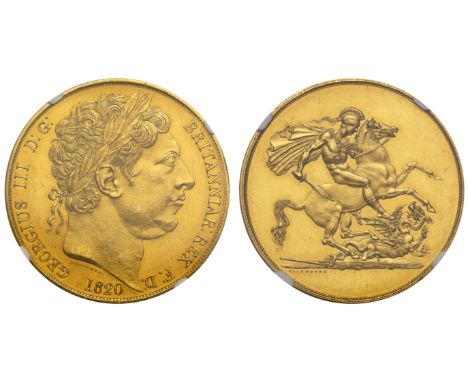 George III (1760-1820), gold Pattern Five Pounds of Five Sovereigns, 1820, engraved by Benedetto Pistrucci, laureate head fac