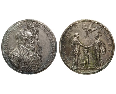 Henri IV (1553-1589-1610), Marie de Medici (1575-1642) and the Dauphin (later Louis XIII), cast silver medal, 1603, by Guilla