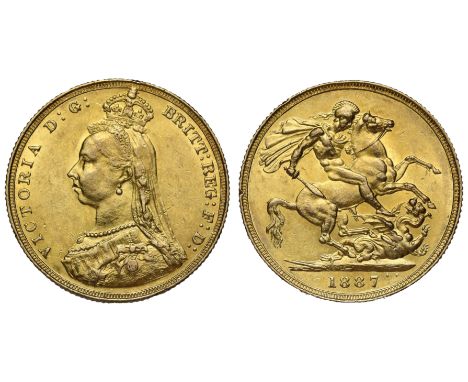 g Victoria (1837-1901), gold Sovereign, 1887, London, Jubilee style bust facing left, small crown and veil on head, J.E.B. in