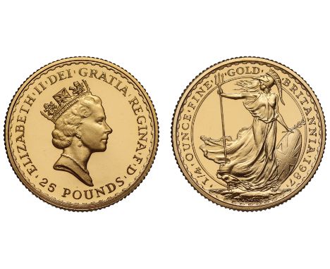 g Elizabeth II (1952-2022), gold proof Quarter Ounce of Twenty-Five Pounds, 1987, Britannia, struck in 916.7 gold, crowned he