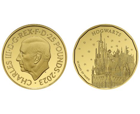 g Charles III (2022-), gold proof Quarter Ounce of Twenty-Five Pounds, 2023, struck in 999.9 fine gold, Hogwarts School from 