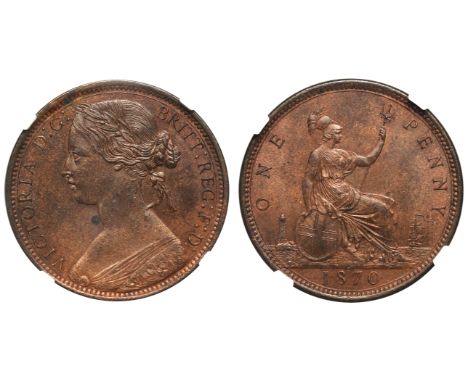 Victoria (1837-1901), bronze Penny, 1870, bust in bodice facing left with laurel on head and ribbon flowing behind, Latin leg
