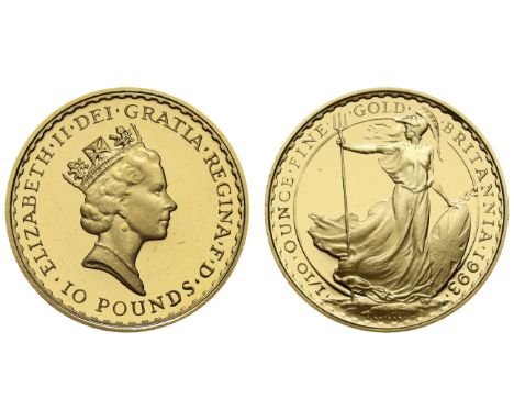 g Elizabeth II (1952-2022), gold proof 1/10th ounce of Ten-Pounds Britannia, 1993, struck in 22ct gold, crowned head right wi