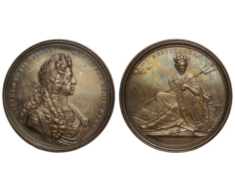The State of Britain following the Peace of Ryswick, 1697, silver medal by John Croker, bust of William right, dressed as a R