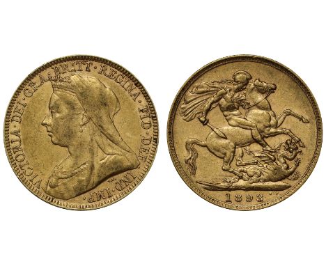 g Victoria (1837-1901), gold Sovereign, 1893, London Mint, older crowned and veiled bust left, T.B. below for engraver Thomas