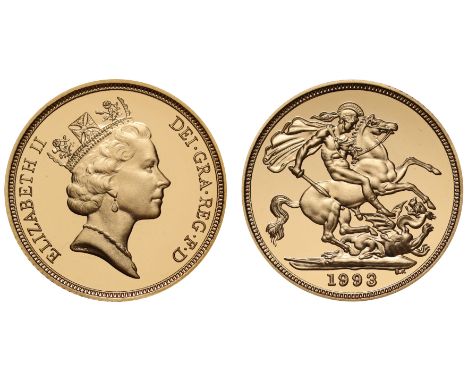 g Elizabeth II (1952-2022), gold proof Sovereign, 1993, crowned head right, RDM incuse on truncation for designer Raphael Mak