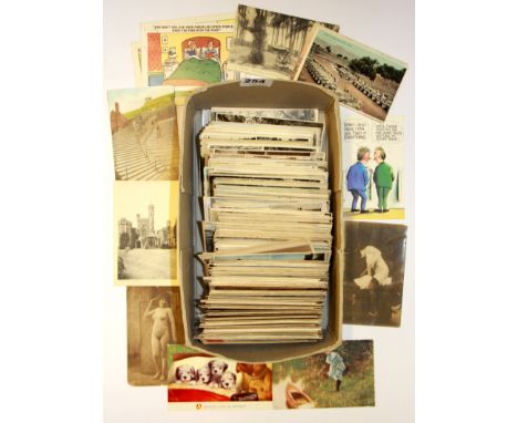 A box of vintage postcards.