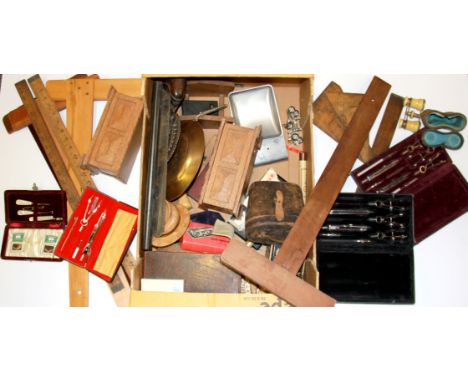 An extensive quantity of wooden and other items including architects' drawing tools.