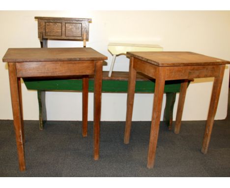 A vintage pine bench, two pine tables, a stool and oak workbox.