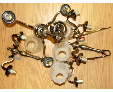 A three branch centre light and four wall lights with seven frosted glass shades.