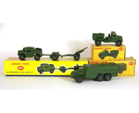 Three boxed Dinky toys onward command vehicle 677, army water tanker 643 and 25 pounder field gun set 697.